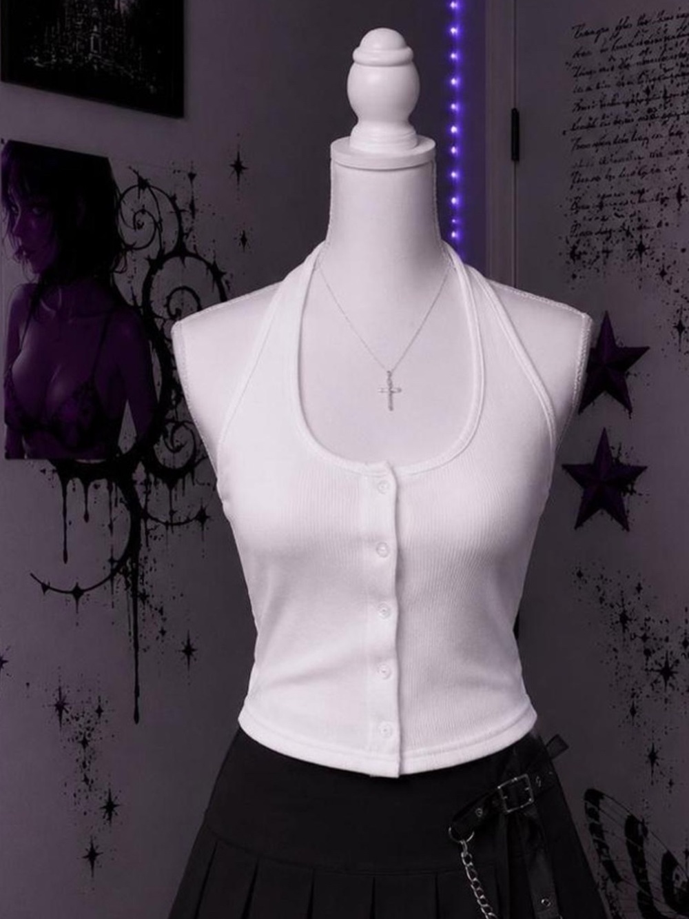 Women’s White Ribbed Halter Button-Front Crop Tank